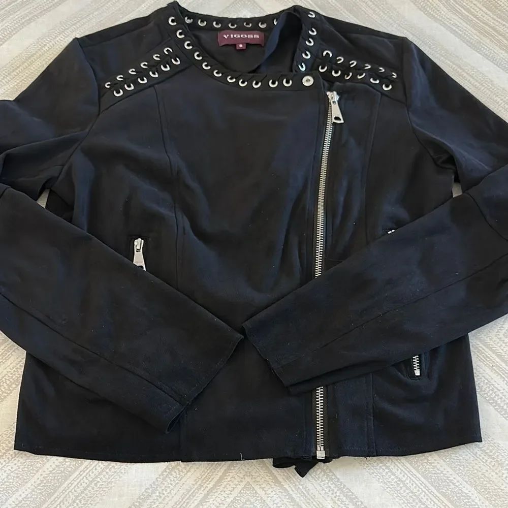 VIGOSS Black Faux Suede Zipper Jacket with Studded Embellishments - Size S